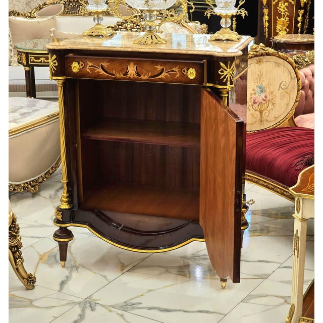 French Marquetry Cabinet With Marble Top & Hand-Gilded Gold Leaf Accents For Sale - Image 4 of 4