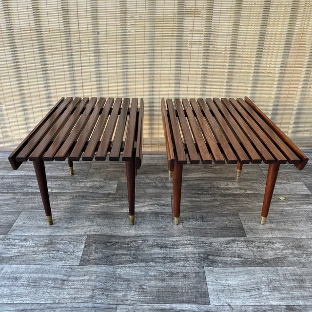 Wood A Pair of Newly Restored Mid Century Modern George Nelson Style Wood Slat Benches / Side Tables. For Sale - Image 7 of 18