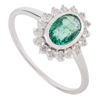 Natural Emerald Diamond Halo Art Deco Ring Size 6 in 14k White Gold For Sale