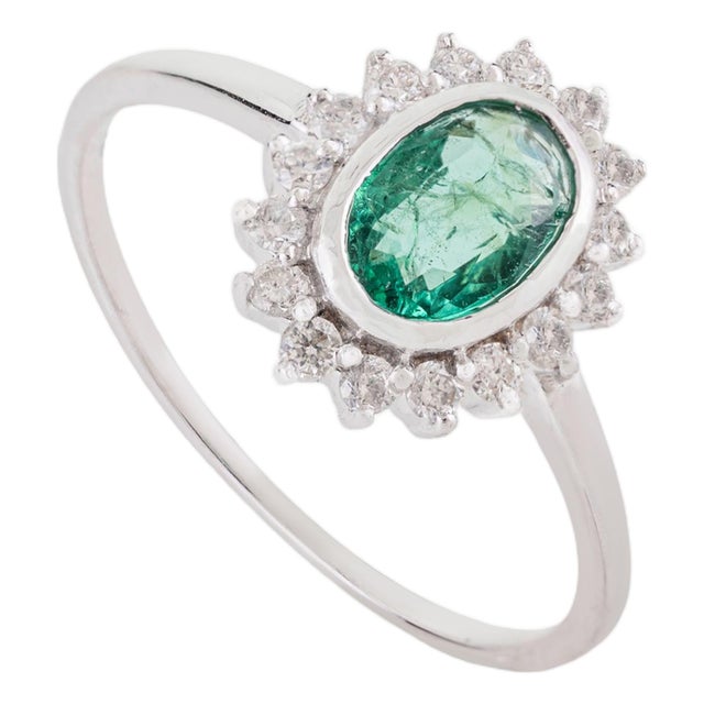 Natural Emerald Diamond Halo Art Deco Ring Size 6 in 14k White Gold For Sale