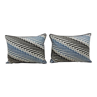 Vintage Blue and Black Hand-Blocked Batik Decorative Bolster Pillows - A Pair For Sale