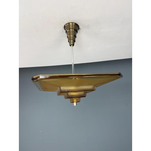 Gold Art Deco Verrerie Dart Amber Molded Glass Pendant Light by Degue, France, 1930 For Sale - Image 8 of 18