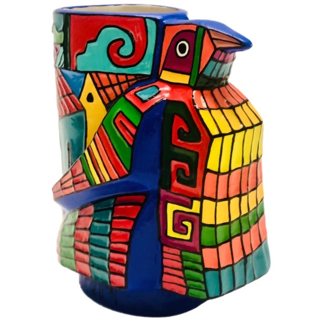 1960s Sale Ferdinand Llort Vintage Mid-Century Modern Colorful Hand Painted & Signed Folk Art Pottery Bird Vase El Salvador #2 For Sale - Image 5 of 8