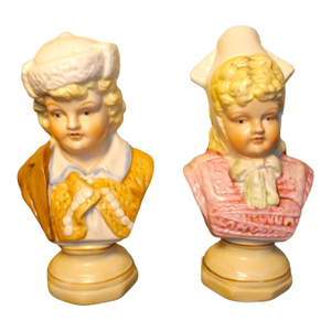 Set of 2 Late 19th Century German Victorian Thuringia Porcelain Young Boy and Girl Miniature Bust Figurines