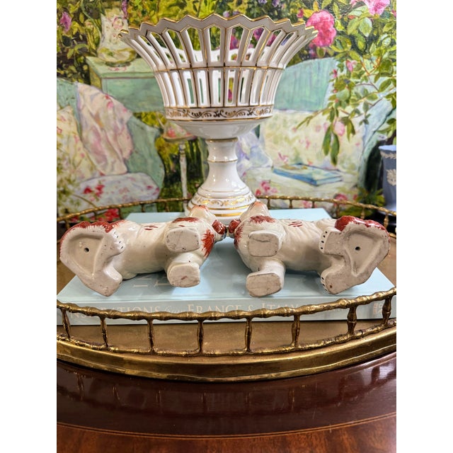 Charming Pair of Vintage Staffordshire Style Spaniels With Gilt Chain Collars and Parted Legs, Red & Cream Porcelain Dogs For Sale - Image 15 of 17