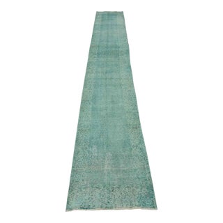Tabriz Runner 2’8” X 18’5” Blue Wool Vintage Overdyed Hand-Knotted Rug For Sale