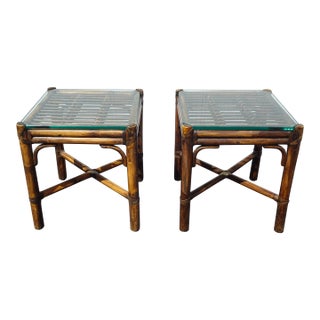 Pair of Vintage McGuire Brown Bamboo Rattan End Tables ~ Side Table For Sale