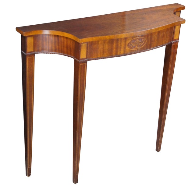 Traditional Vintage Federal Style Mahogany Marquetry Inlaid Demilune Console Hall Table For Sale - Image 3 of 13
