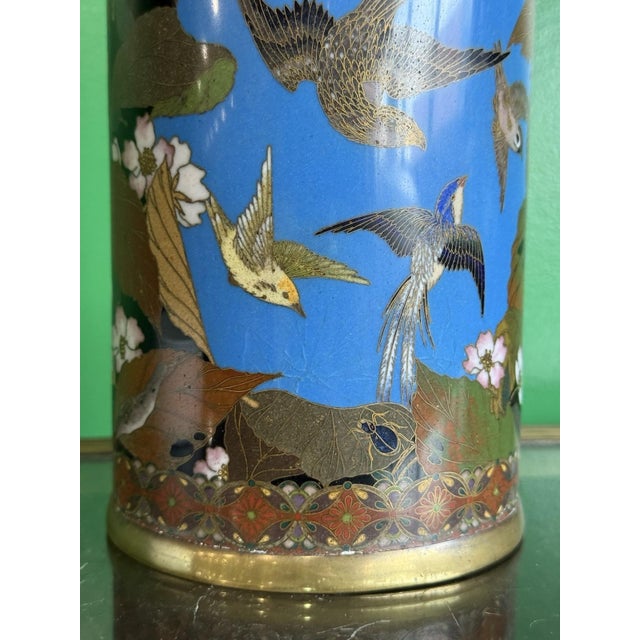 Meiji Period Japanese Cloisonne Enamel Vase With Birds Butterflies and Insects For Sale - Image 13 of 18