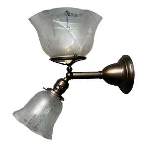 Vintage Brass Gas Electric Wall Sconce With Vintage Stencil Erched Shades