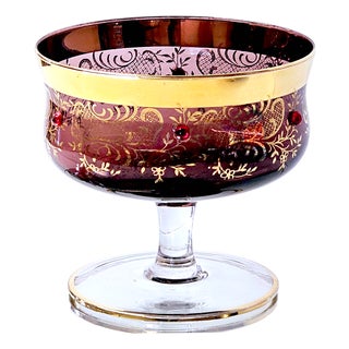 Murano Venetian Amethyst Glass Dessert Bowl With 24k Gold Floral Lattice, Mid 20th Century For Sale