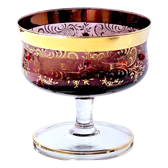 Murano Venetian Amethyst Glass Dessert Bowl With 24k Gold Floral Lattice, Mid 20th Century For Sale