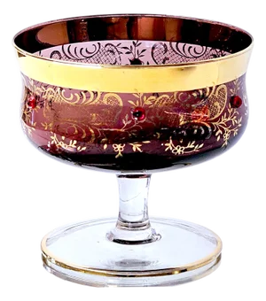 Murano Venetian Amethyst Glass Dessert Bowl With 24k Gold Floral Lattice, Mid 20th Century