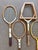 Five midcentury vintage tennis rackets, one with wooden press. Great wall decor for game room. Please see condition...