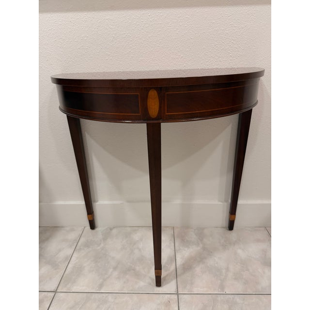 Late 20th Century Baker Furniture Mahogany Inlaid Federal Style Demilune Table For Sale - Image 5 of 8