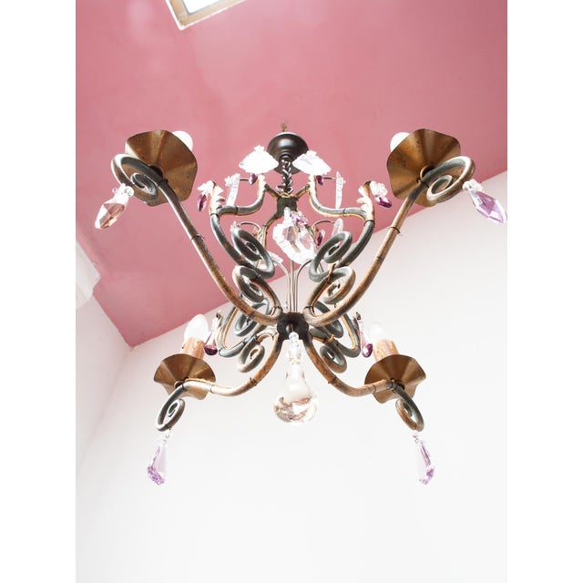 Antique French Chandelier in Iron, Green and Gold Crystals, 1900 For Sale - Image 5 of 10
