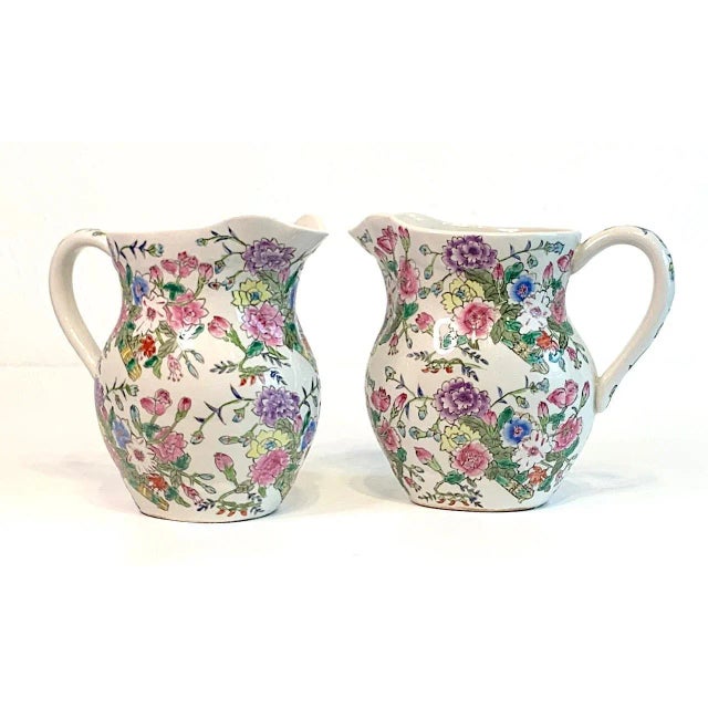 Vintage Chinese Porcelain Floral Jug or Water Pitcher (Pair Available) For Sale - Image 4 of 10