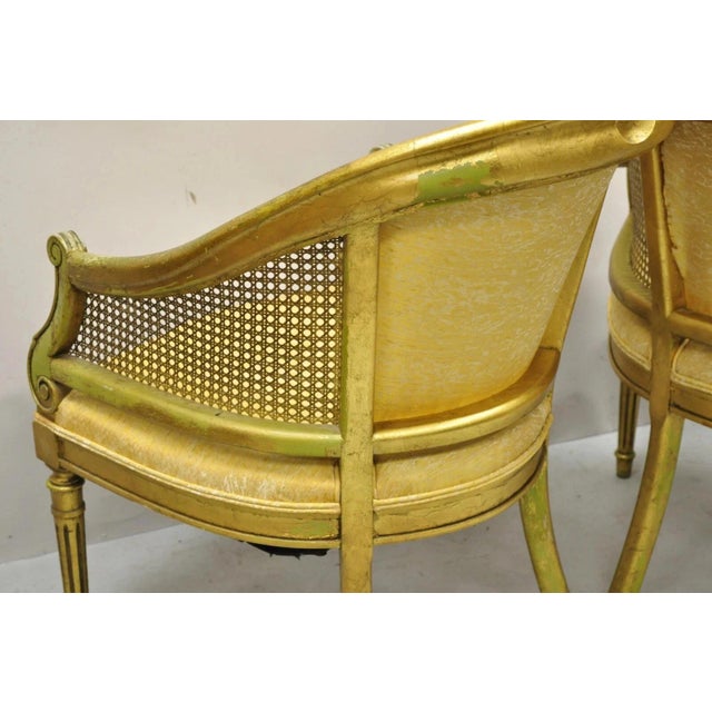 Vintage Italian Hollywood Regency Gold Gilt Barrel Back Cane Lounge Chairs, Pair For Sale - Image 10 of 12