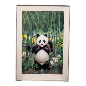 1980s Original Giant Panda Painting Making His Debut Through the Bamboo, Framed