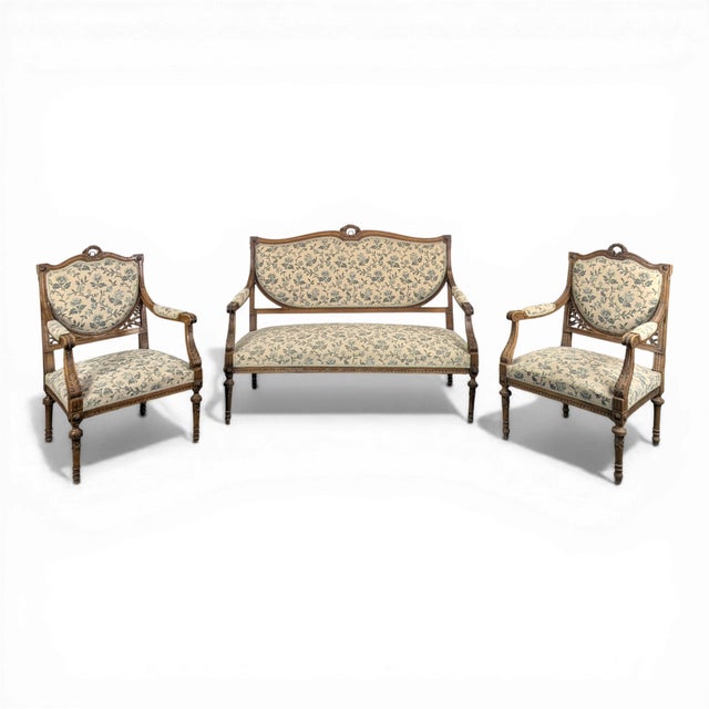 Louis XVI Style Living Room Set with Escutcheon Backrests, 19th Century, Set of 3 For Sale - Image 18 of 18