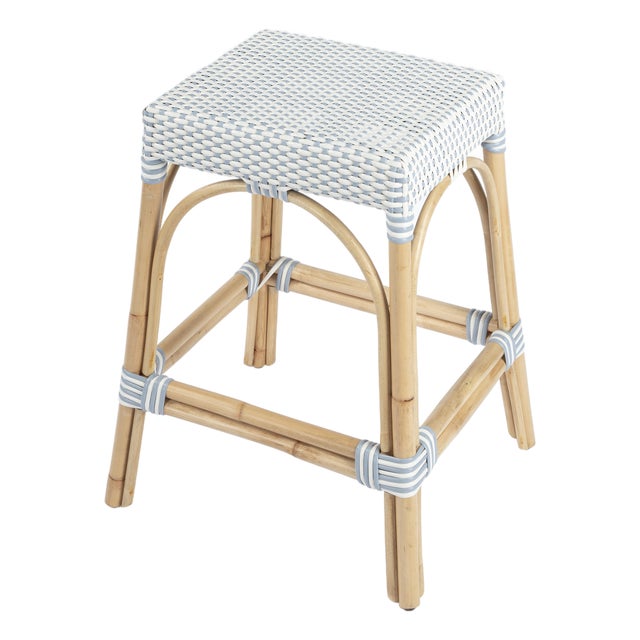Robias 24.5 in. Seat Height Rectangular Rattan Backless Counter Stool with Footrest, White/Sky Blue Dot / Natural Rattan Frame For Sale