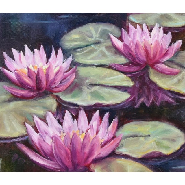 Pink & Lavender Water Lilies Oil Painting Displayed in an Antiqued Gold Wood Frame For Sale In Los Angeles - Image 6 of 9