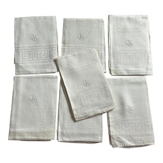 Antique French Linen Monogram Towel Set of 7 For Sale