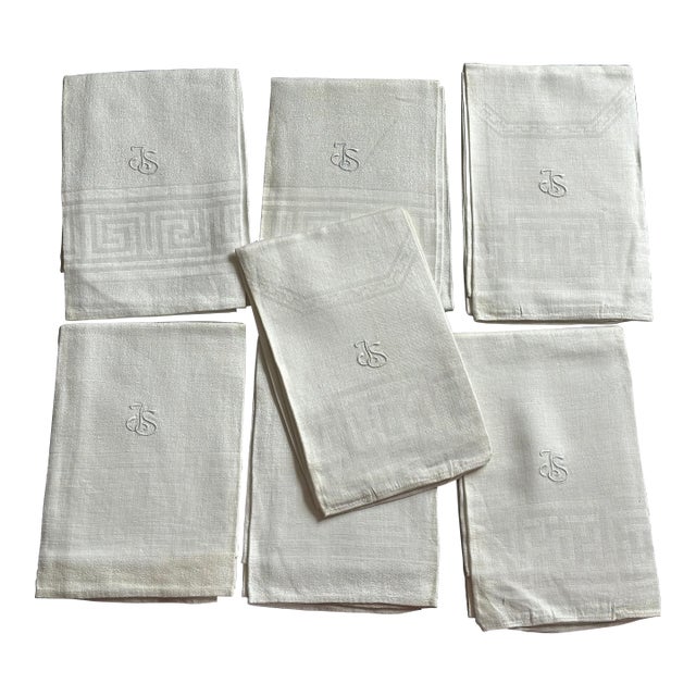 Antique French Linen Monogram Towel Set of 7 For Sale