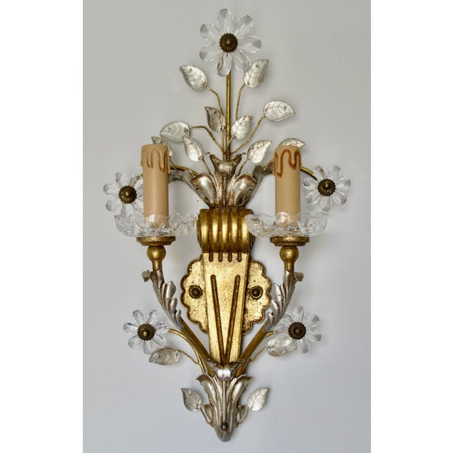 Banci Early 20th Century Banci Gilt & Silvered Bronze Sconces, Italian With Rock Crystal Floral Motif Design -Pair For Sale - Image 4 of 18