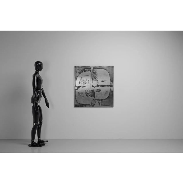 Stunning abstract square wall panel designed by Nerone Patuzzi, crafted from etched aluminum with a wooden backing,...