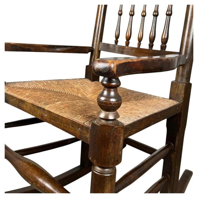 Antique Oak Spindle Back Rocking Chair with Rush Seat, 1900s For Sale - Image 3 of 11