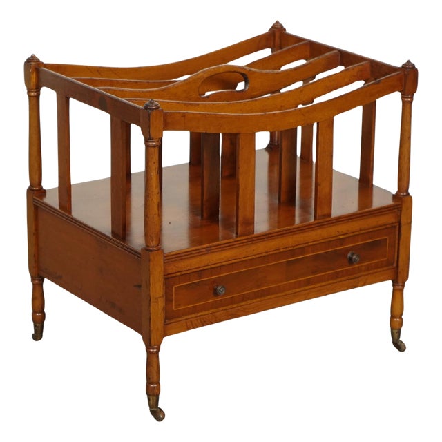 Vintage Walnut Canterbury Newspaper Rack with Brass Handles J1 For Sale