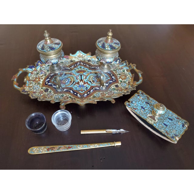 French Enameled Champlevé Gilt Bronze Inkwell Stand Desk Set - Set of 3 For Sale - Image 4 of 12