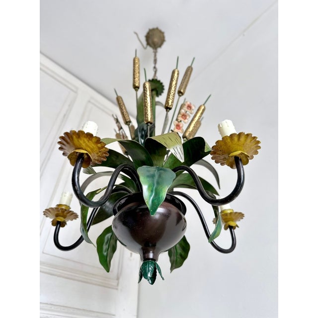 French Country Tole Botanical Five-Light Chandelier with Cattails and Flowers, 1960s For Sale - Image 15 of 17