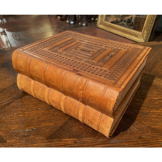 French Midcentury French Leather Bound Two-Volume Holy Bible Dated 1953 For Sale - Image 3 of 13