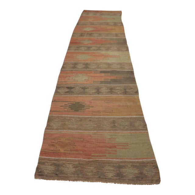 1950s Turkish Very Old Pale Color Hand Knotted Kilim Runner Rug For Sale