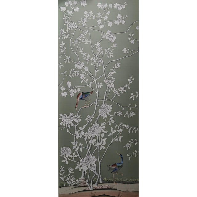 Chinoiserie Sage Green Chinoiserie Mural | 3-Panel Hand-Painted Floral & Bird Wallpaper For Sale - Image 3 of 4