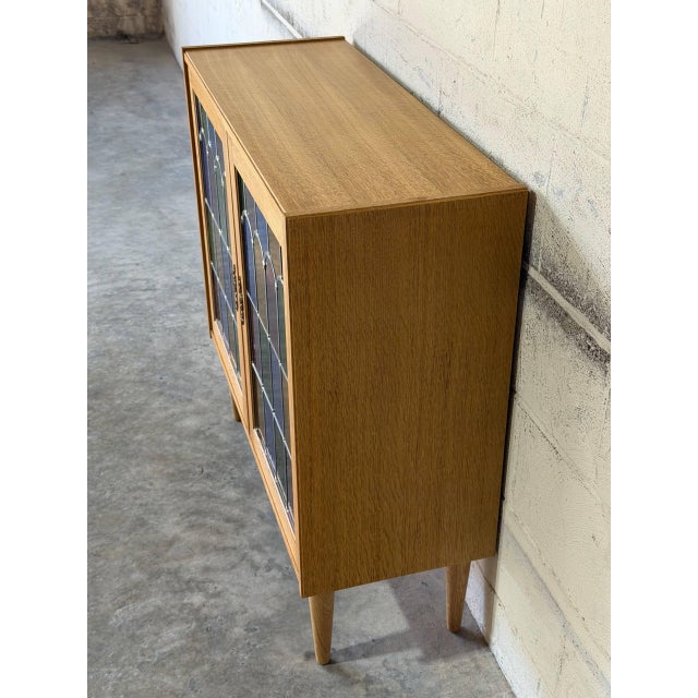 1970s Oak Two-Door Cabinet With Multi-Colored Stained Glass Doors Danish Mid-Century Modern 1970s For Sale - Image 5 of 11