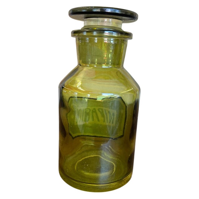 Set of 3 Vintage Olive Green Toned Glass Apothecary Bottles With Glass Stoppers and Pharmacy Labels. For Sale In Seattle - Image 6 of 9