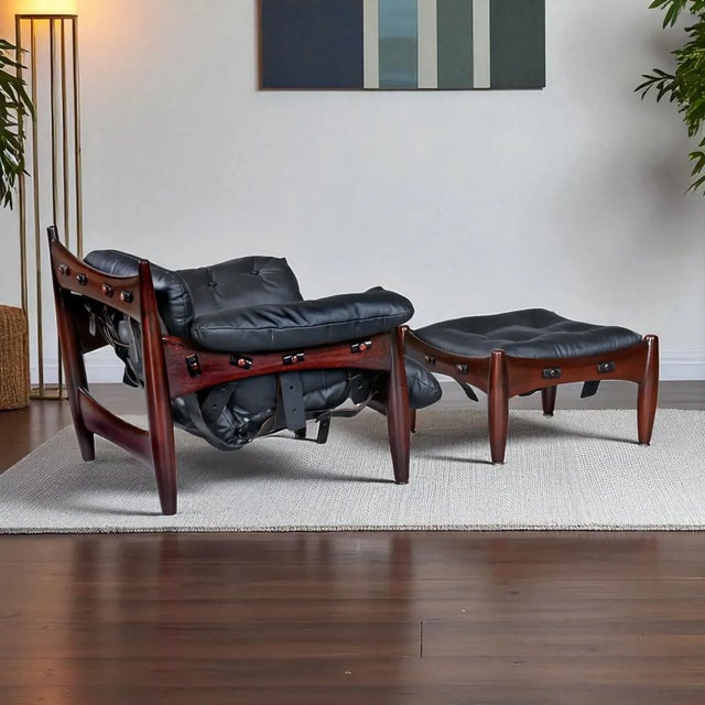 Brazilian Rosewood & Leather Sling Chair and Ottoman by Sergio Rodrigues for Isa For Sale - Image 9 of 18