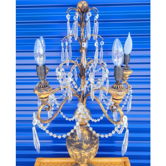 Baroque Vintage 5 Light Baroque Style Regency Gold Gilded Crystal Candelabra Table Lamp For Sale - Image 3 of 6