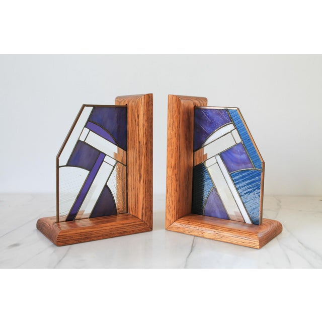 Pair of Vintage Wood and Stained Glass Bookends For Sale - Image 4 of 10