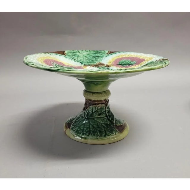English Antique 19th C Majolica Begonia Leaf Compote Footed Plate For Sale - Image 3 of 6