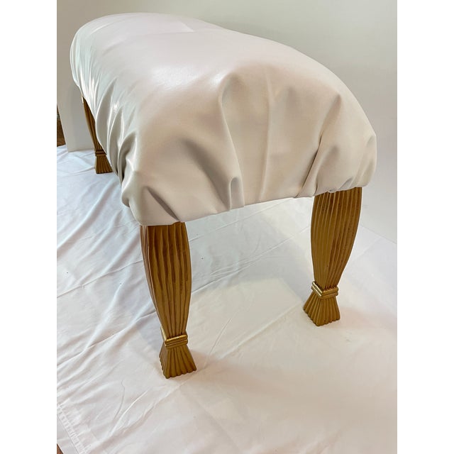 Large White Leather Gold Wood Bench For Sale - Image 11 of 12