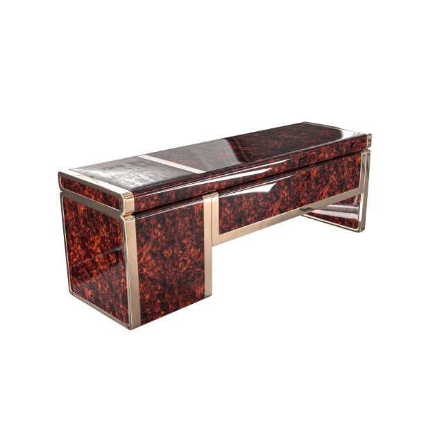 Wood "Riccio / E" Hand Crafted Desk With Burl Walnut and Bronze Details For Sale - Image 7 of 8
