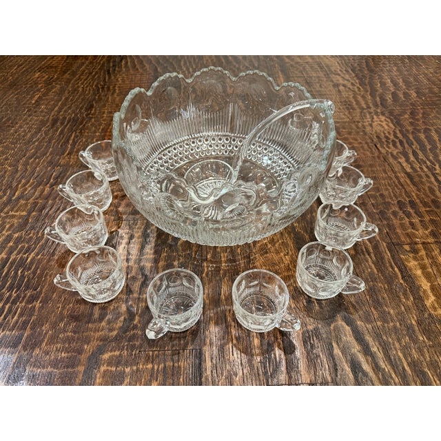 Vintage Tiffin-Franciscan Bullseye Pressed Glass Punch Bowl Set With 12 Cups & Original Ladle For Sale - Image 11 of 15