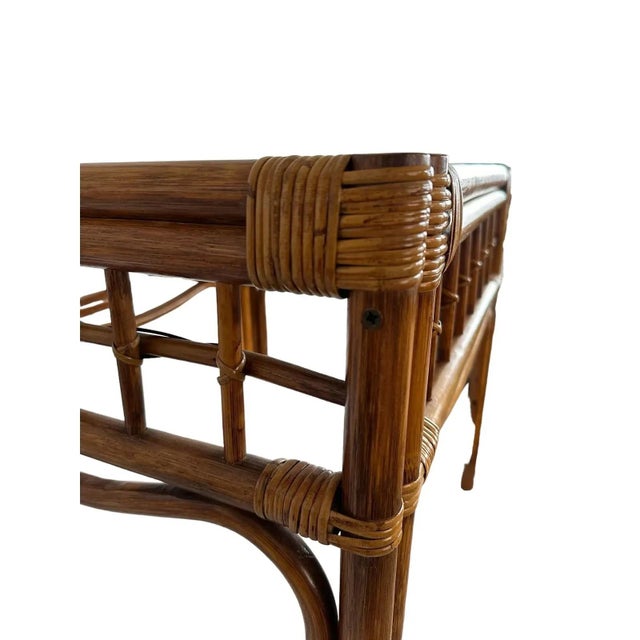 Wood Mid 20th Century Pair of Vintage Rattan and Bentwood Glass Top Side Tables - In the Style of Franco Albini For Sale - Image 7 of 11