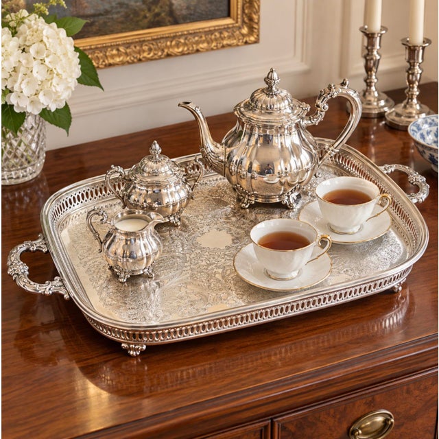 Elegant silver-plated gallery tray featuring a broad pierced border, ornate floral handles, and intricate floral and...