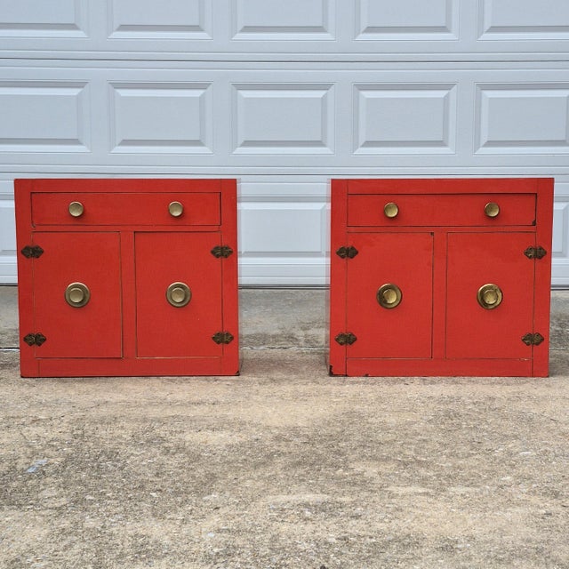 Mid Century Modern Asian Orange Red Laminate Cabinets Nightstands Side End Tables - A Pair For Sale - Image 12 of 12