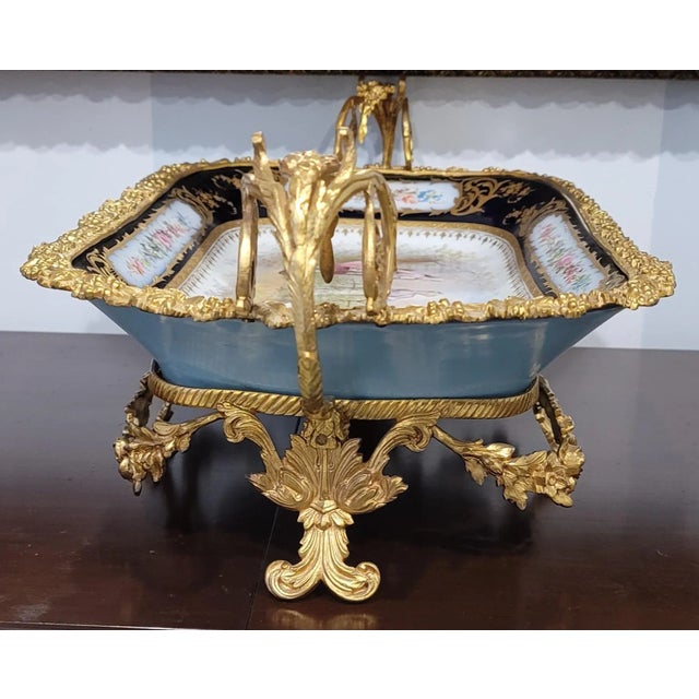 French 19th Century A. Chapuis Signed Sevres Painted Cobalt & Gilt Porcelain Ormolu Centerpiece For Sale - Image 3 of 13